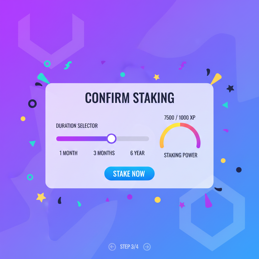 magic eden staking confirmation screen, duration selector, staking power meter filling up, confetti effects, solana blockchain style