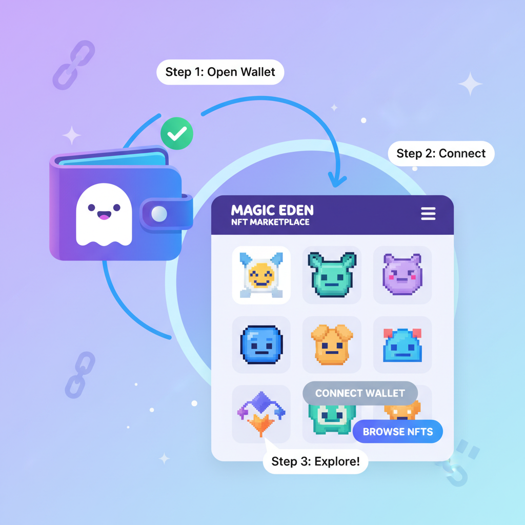 cartoon friendly solana wallet like phantom connecting to magic eden nft marketplace dashboard, vibrant solana purple blues, simple ui, welcoming vibe