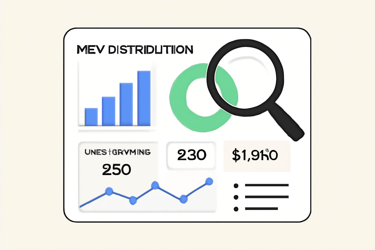A dashboard with charts and metrics tracking MEV distribution and user rewards, with a magnifying glass icon for analysis.