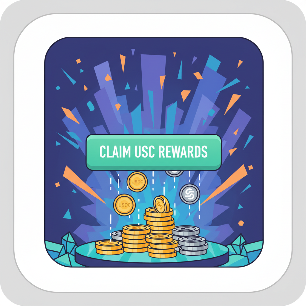 claiming usdc rewards button on magic eden, coins raining, celebratory solana art