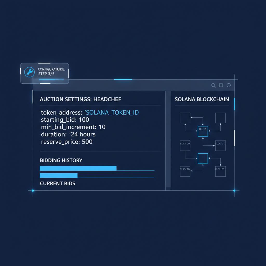 Code editor configuring Headchef auction settings, bidding graphs and Solana blocks, tech blueprint style
