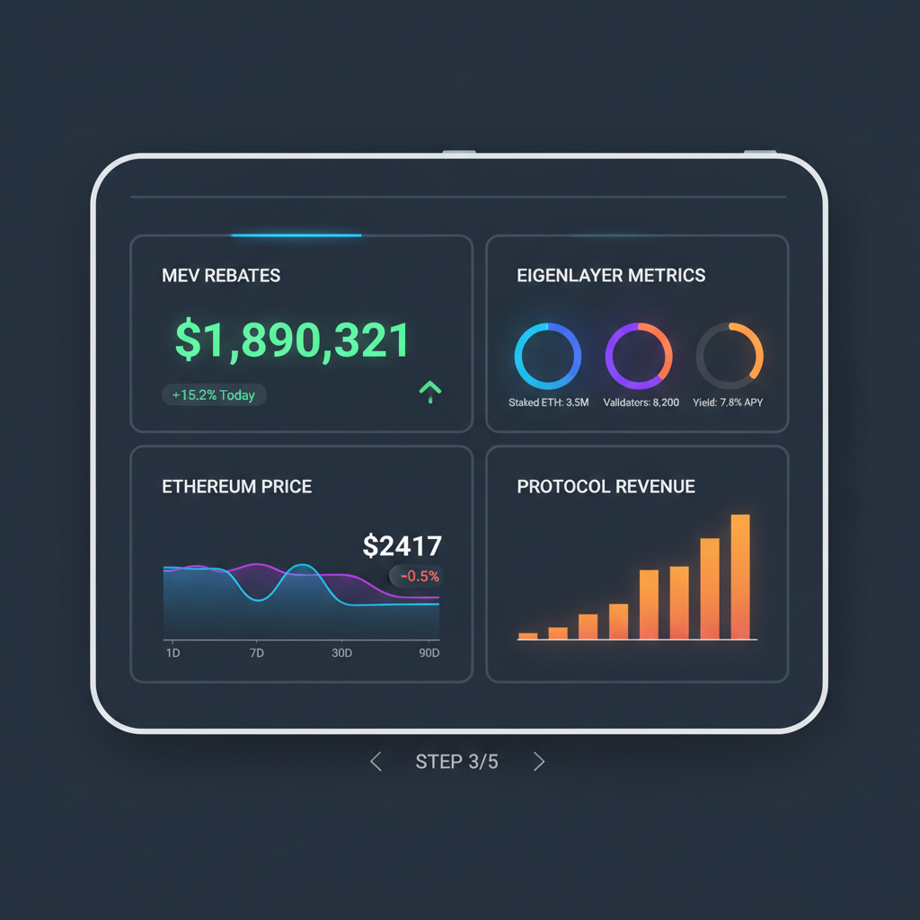 sleek dashboard displaying MEV rebates and EigenLayer metrics, charts with Ethereum price $2417, glowing data visualizations