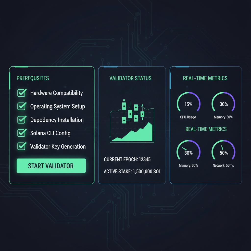 Solana validator dashboard with green checkmarks on prerequisites checklist, modern UI, cyberpunk style