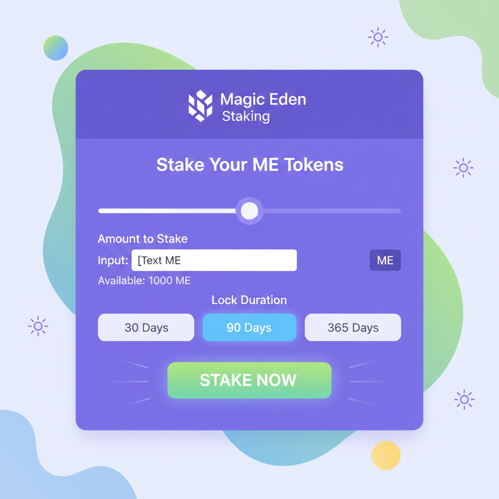 user interface staking me tokens on magic eden, input amount slider, lock duration options, solana theme, green stake button glowing