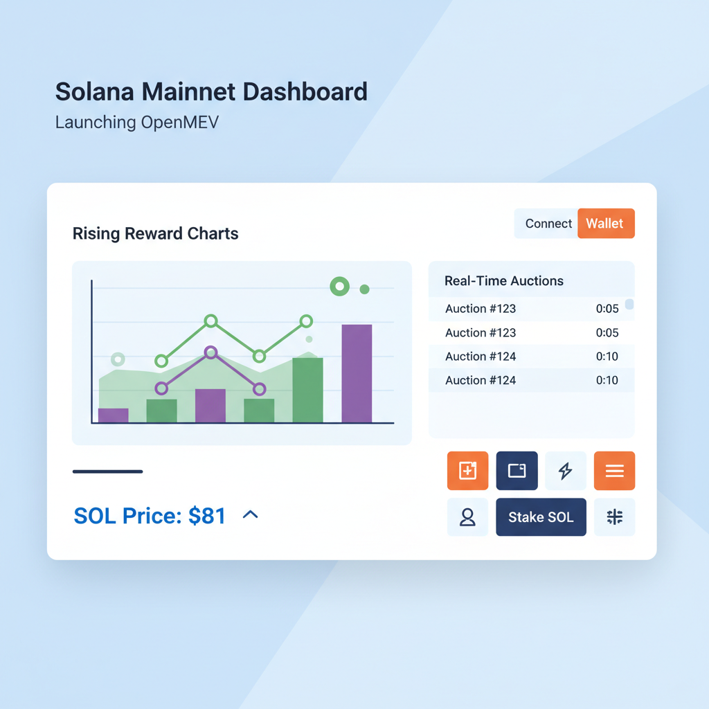 Solana mainnet dashboard launching OpenMEV with rising reward charts, real-time auctions, SOL price ticker at $81